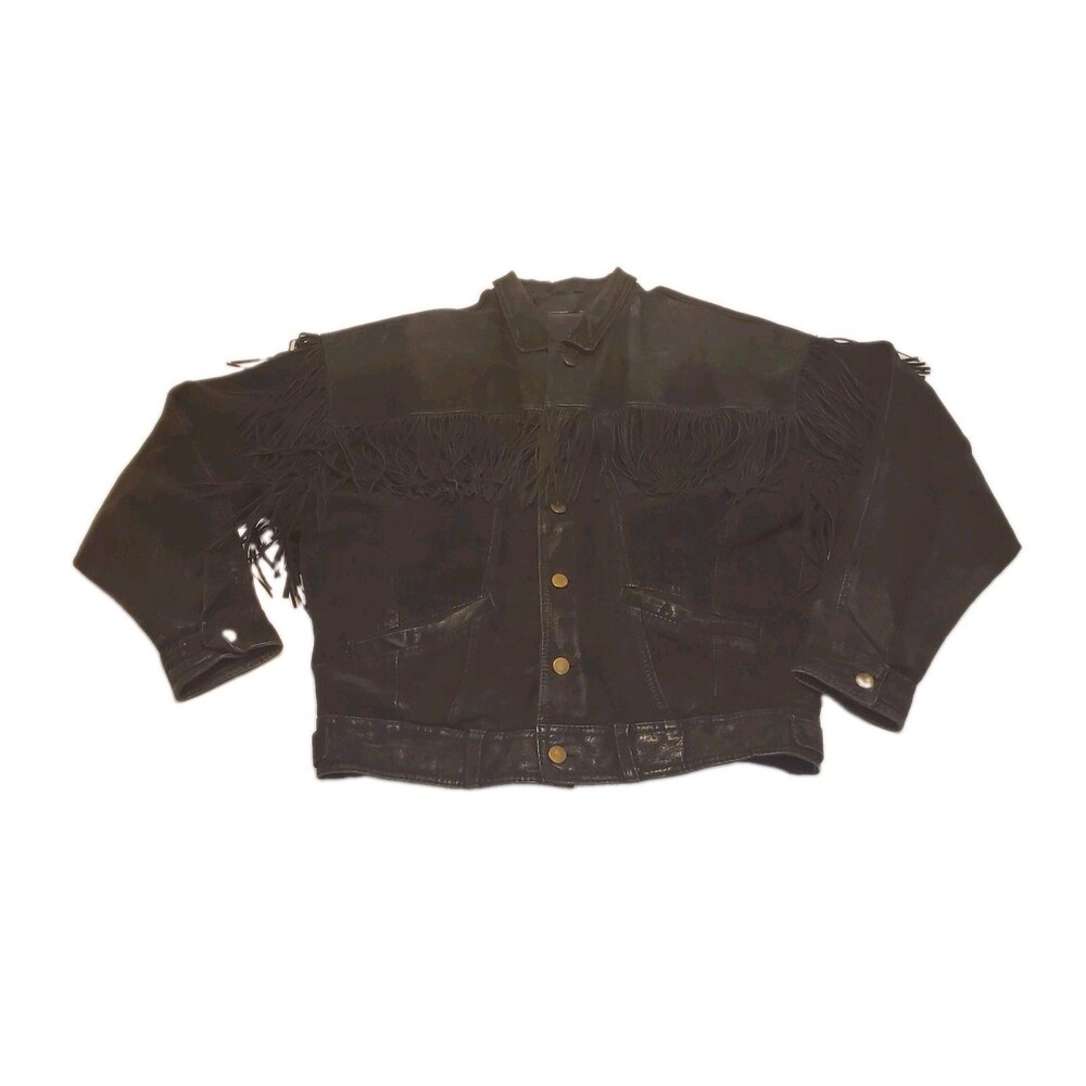 Vintage 80s Leather Suede Fringe Button Jacket Sz L Black Mens
